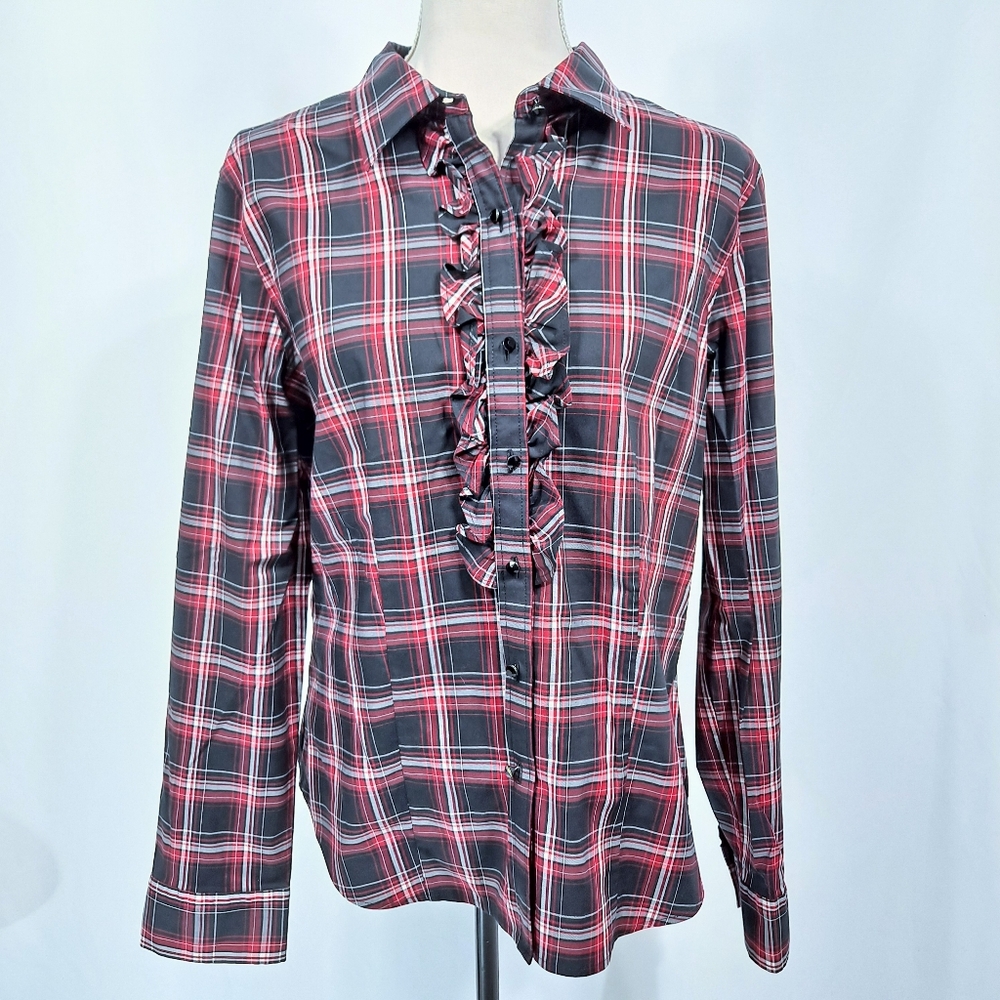 Talbots Black Red Plaid Ruffle Button Down Shirt